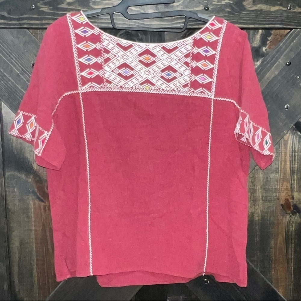 Madewell Linen Blend‎ Tee Top S Embroidered Boho Burgundy Tribal Cropped Boxy